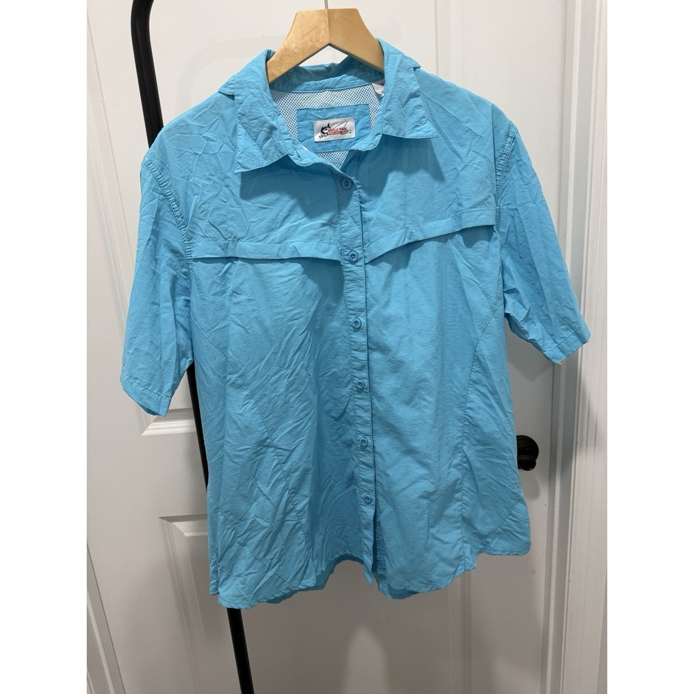 World Wide Sportsman Fishing Shirt Women's Medium Blue Button Down Vented Nylon